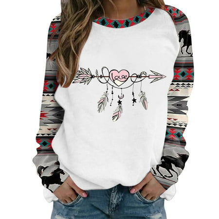 

Womens Long Sleeves Blouse Fashion Printing Geometric Pattern Stitching Sleeve Pullover Casual Loose Round Neck Ladies Tunics Harajuku Tops