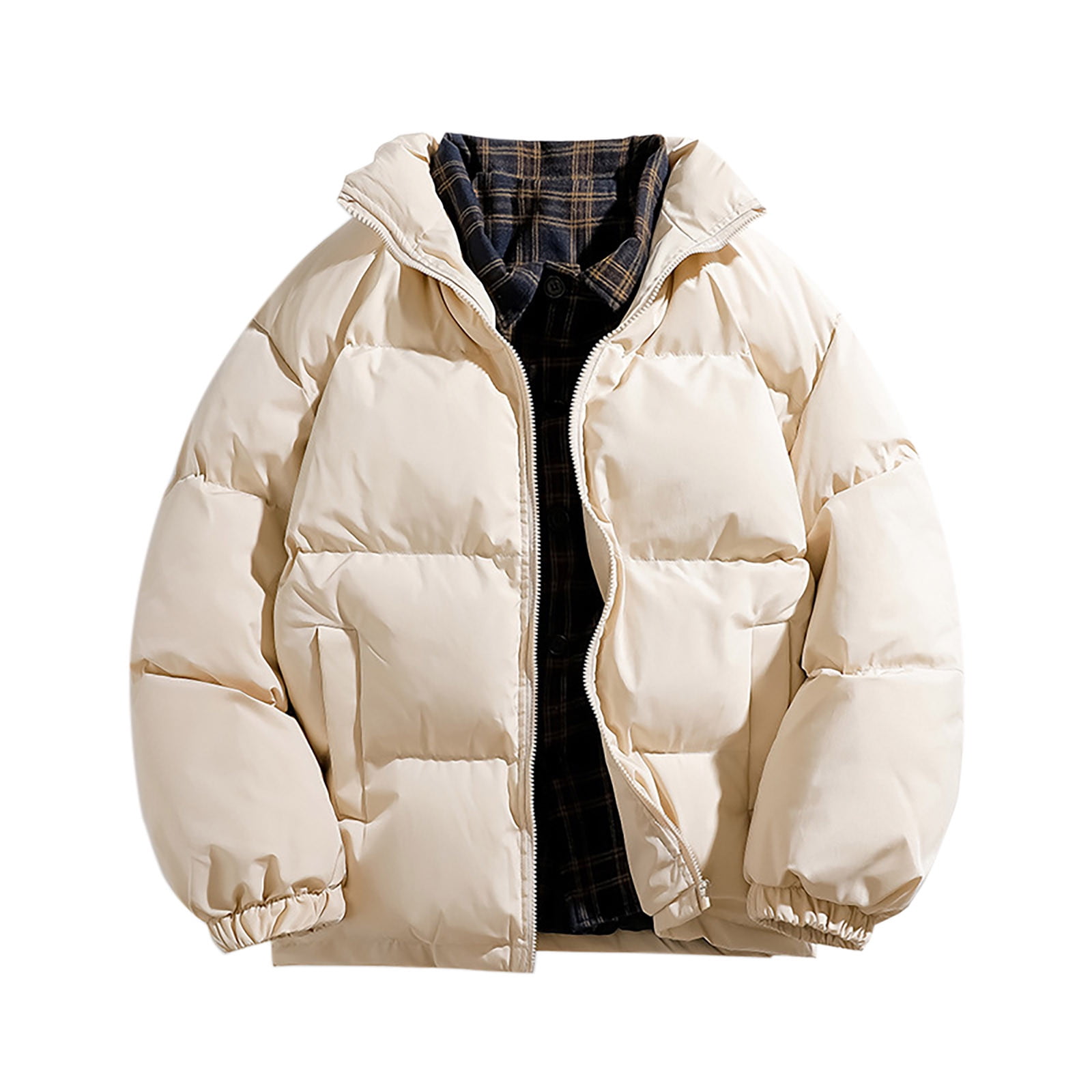 Pisexur Mens Winter Jacket Men's Solid Color Zipper Plaid Fabric