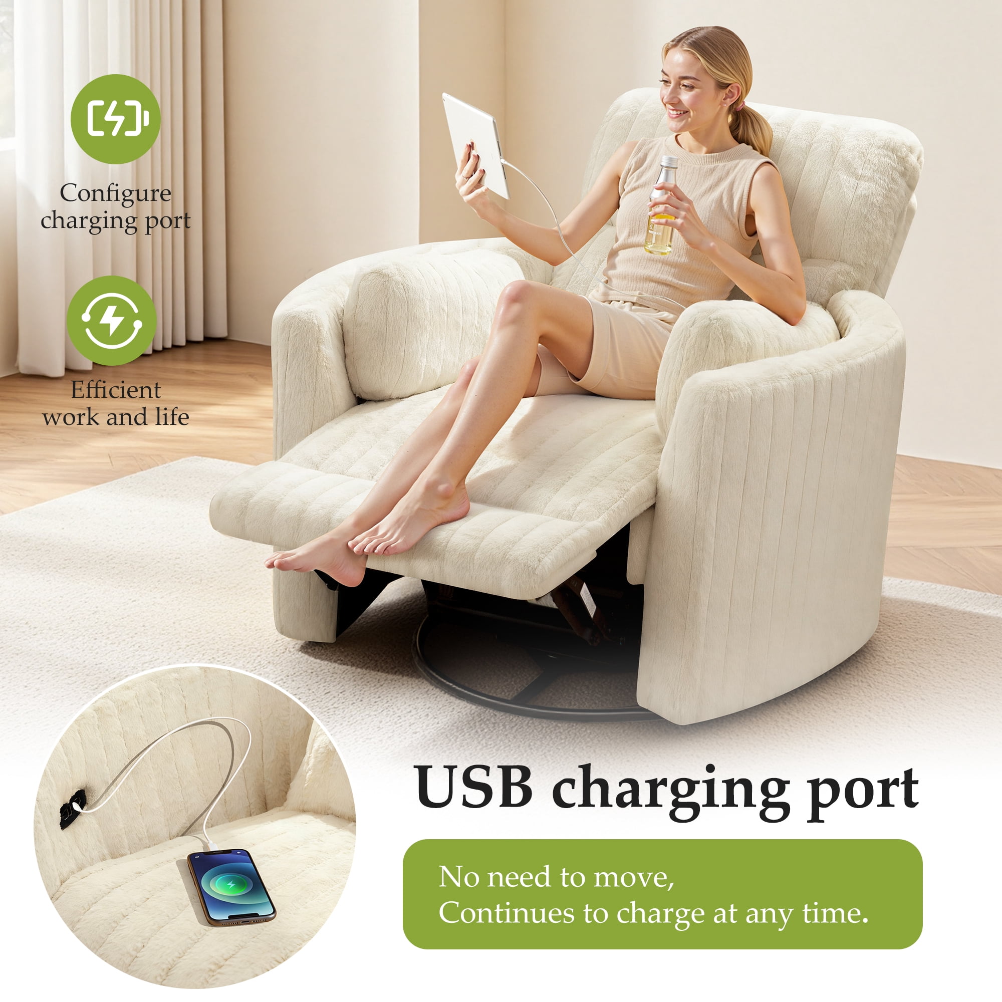 COOLHUT Electric Recliner Chair, Swivel Rocker Recliner Chair with USB Ports, Comfy Lay Flat Sofa with Footrest for Small Spaces, Living Room, One Box, Set of 1, Beige