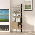 thumbnail image 6 of 73" Tall Bookshelf with Cabinet, Industrial Ladder Wall Mount Shelf Rattan Bookcase with Wood and Metal Frame, Plant Shelf Wall Storage Display for Living Room Bedroom,Light Ivory Brown, 6 of 16