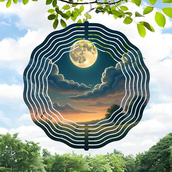 Serene Night Sky Metal Hanging Wind Spinner - Concentric Pattern Design with Full Moon Greenery for Yard & Garden
