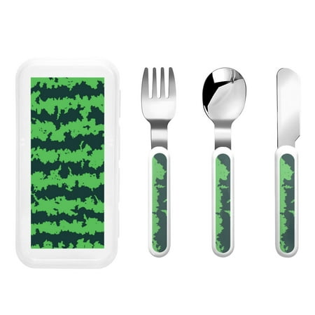 

Bingfone Green Stripes Of Watermelon Print Toddler Utensils Kids Silverware 3pcs Safety Stainless Steel Toddler Fork Spoon Knife Set Children Flatware Set