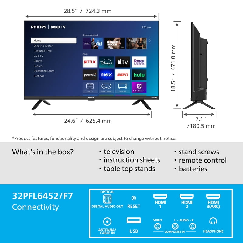 Philips 32" Class HD (720P) Smart Roku Borderless LED TV (32PFL6452/F7) color options