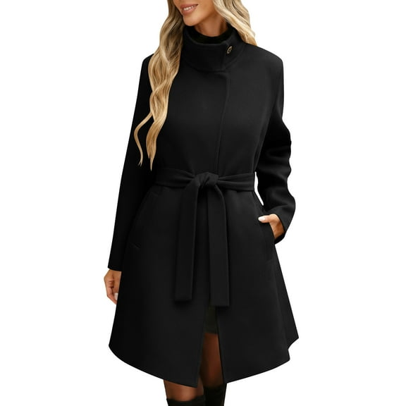 BangWanChi Women's Solid Casual Thicken Wool Coats Stand Collar Bandage Lining Pocket Breasted Jackets Coat