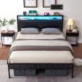 thumbnail image 7 of LUXOAK Queen Size Platform Bed Frame with LED Headboard, Charging Station and Storage, Brown, 7 of 7