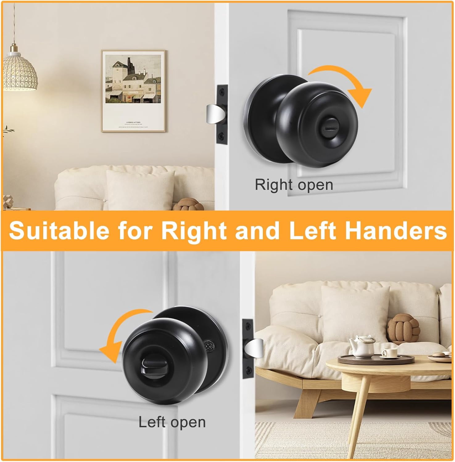Privacy Door Knobs, 8 Pack Matte Black Heavy-Duty Door Knobs, Interior Keyless Doorknob, Left and Right Hand Reversible, for Bed and Bathroom