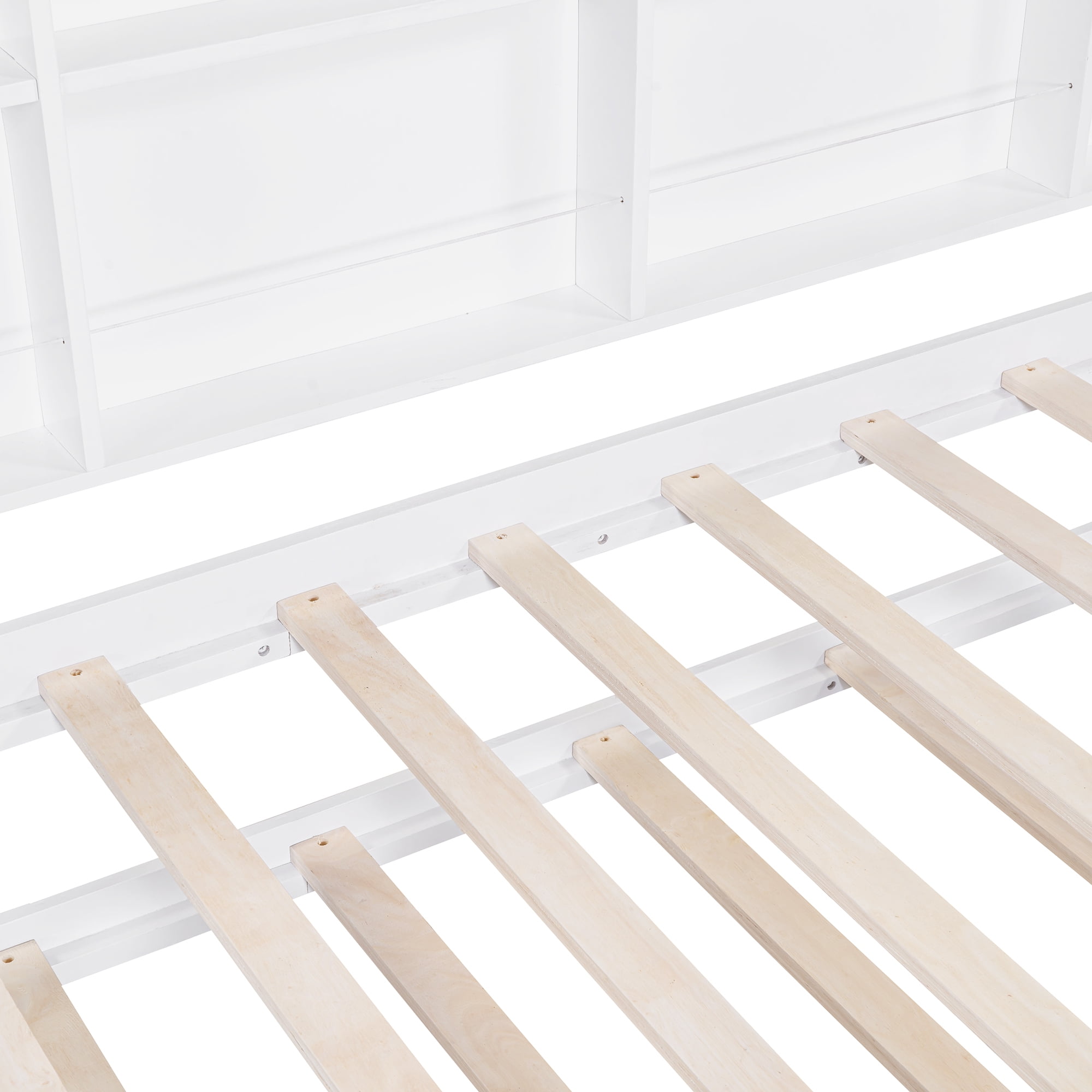 Euroco Wood Twin Size House Bed with Trundle, Platform Bed with Storage Shelves, White
