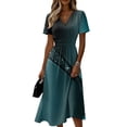 thumbnail image 2 of Minjewel Ladies Floral Casual Fashionable Short Sleeve V-Neck Dress for Spring Summer Women's Daily Casual Wear,Green,L, 2 of 6