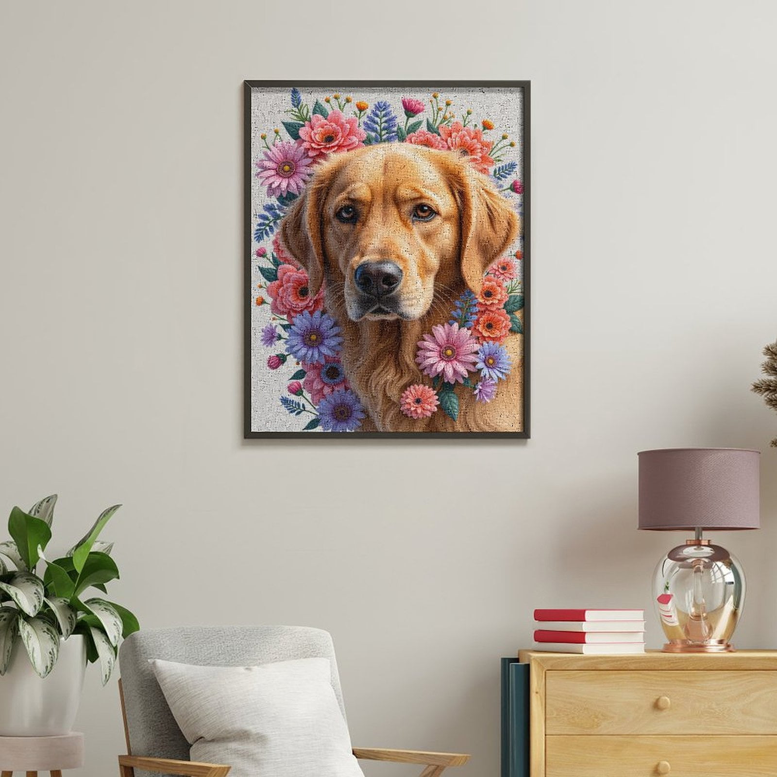 Paint By Numbers Kit for Adults Beginner - DIY Golden Retriever Floral Portrait Art Canvas Painting Kits for Adults, Frameless Paint By Number for Adults for Home Wall Decor 16x20 Inch