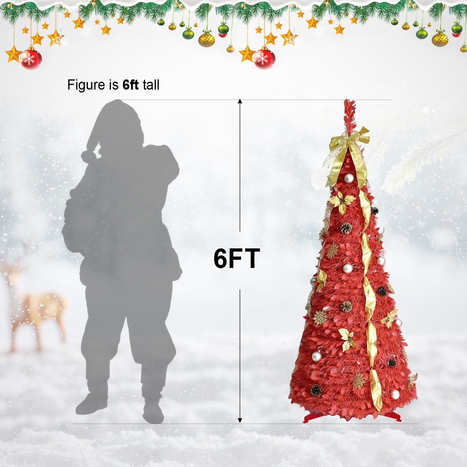 Alvantor 6FT Pop-Up Christmas Tree with 150 White LED Lights & Ornaments for Indoor Holiday Decoration Red
