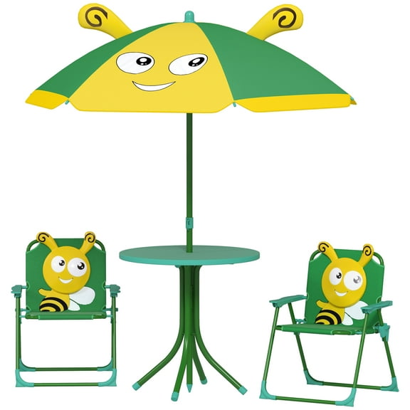 Homiyad Qaba Kids Picnic Table and Chair Set, Outdoor Activity Table with Foldable Chairs, Height Adjustable Umbrella, Green
