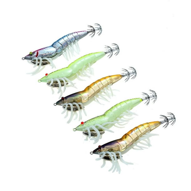 Lixada 5pcs 12cm21g Noctilucent Fishing Shrimp Lure Prawn Squid Bait Hard  Artificial Fishing Set with Squid Jigs Hook Weighted 