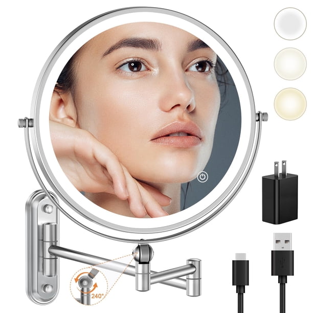 Espejo de maquillaje Rocollos para montar en la pared, 9 pulgadas, aumento 1X/10X