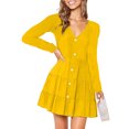 thumbnail image 1 of Vestido de corte A amarillo transpirable, de color puro, mangas largas, de crepé de poliéster, perfecto para ir de compras y para uso diario, talla XL, 1 of 4