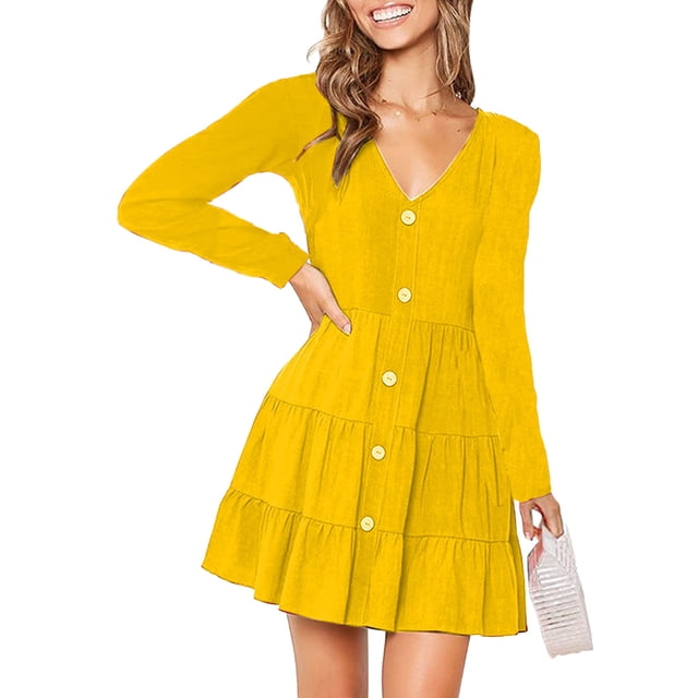 Vestido de corte A amarillo transpirable, de color puro, mangas largas, de crepé de poliéster, perfecto para ir de compras y para uso diario, talla XL