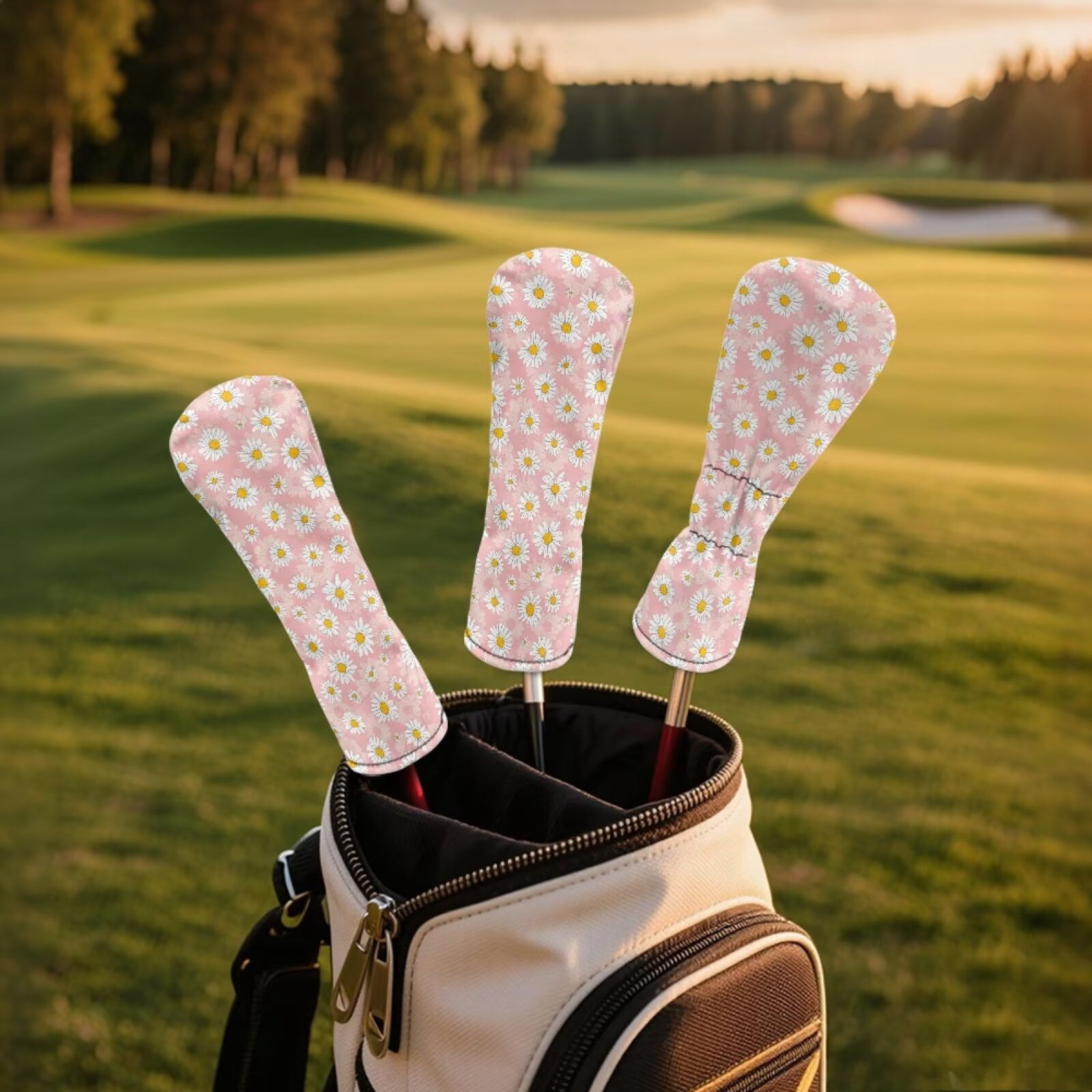 Uorisanigo Golf Club Head Cover, Premium Pink Daisy Golf Head Covers, PU Leather Driver Headcover, Stain-Resistant Hybrid Headcover, Fairway Wood Headcovers, Set of 3