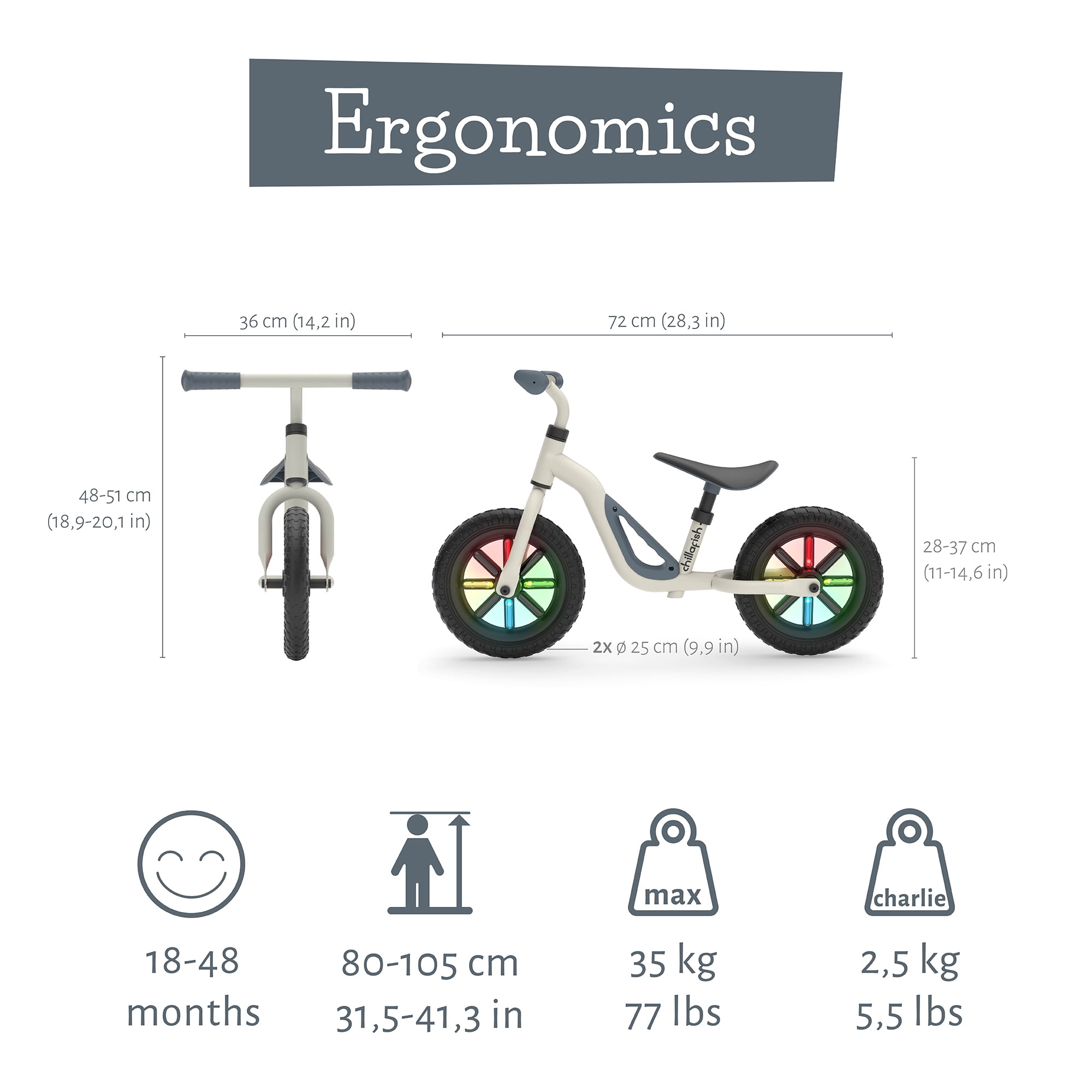 Charlie Glow Lightweight Balance Bike with Carry Handle and Light-up Wheels, Adjustable Seat and Handlebar, and Puncture-Proof 10-inch Tires, Beige