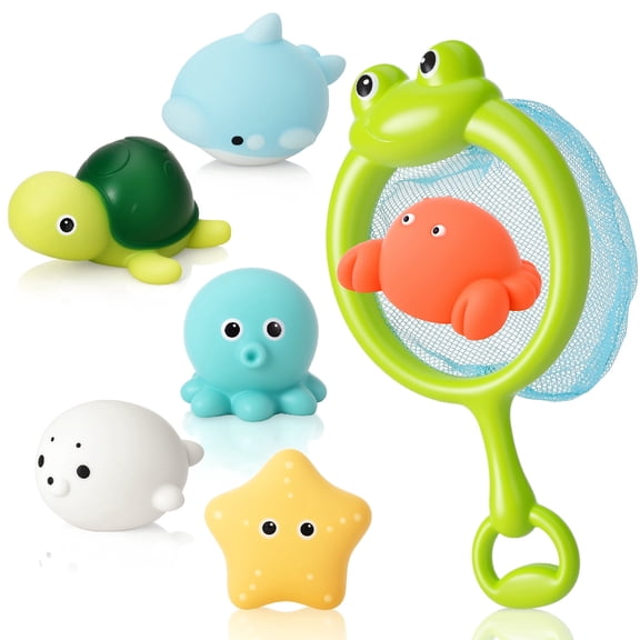 sixwipe 7 Pcs No Hole Mold Free Bath Toys with Frog Net, 6 Pool Toys for Toddlers 1-3, Baby Water Play for Pool, Bathtub, Floating Toys for Developmental Motor Skills Gift