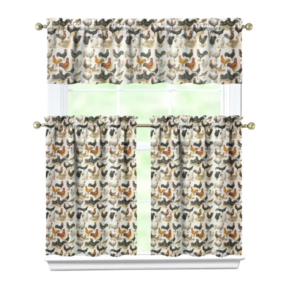 Kitchen Curtains 36 Inch Short - 3 Panel Set with Cute Farmhouse Egg & Chicken Print, Rod Pocket Window Curtain, 100% Polyester for Rustic Coop, Farm Kitchen, Easy Wash
