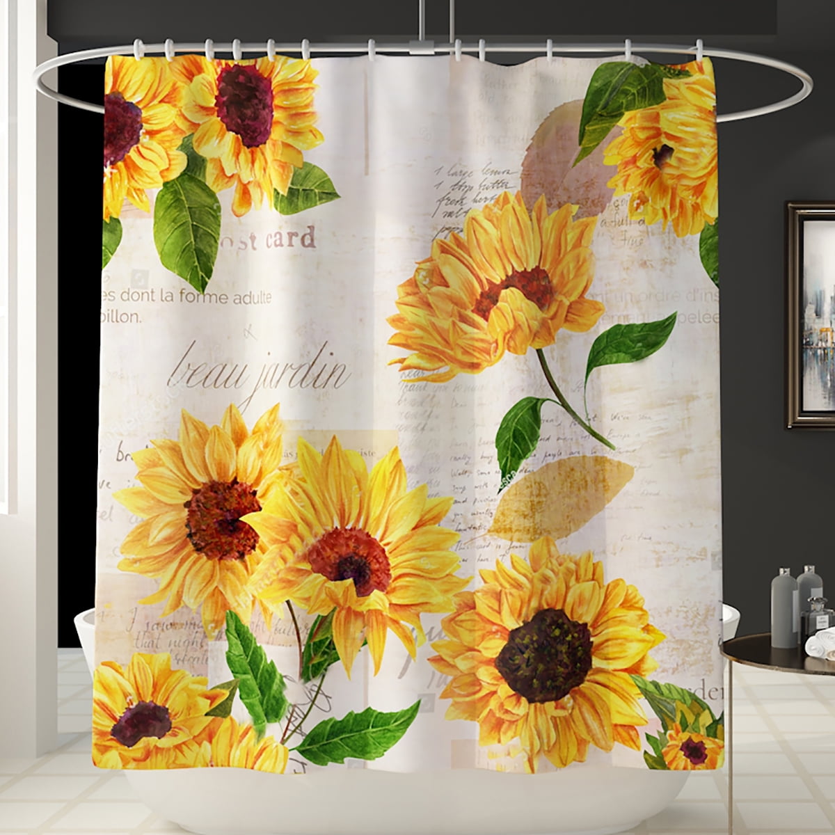 4pcs Yellow Sunflower Shower Curtain, Non Plastic Shower Curtain Uk