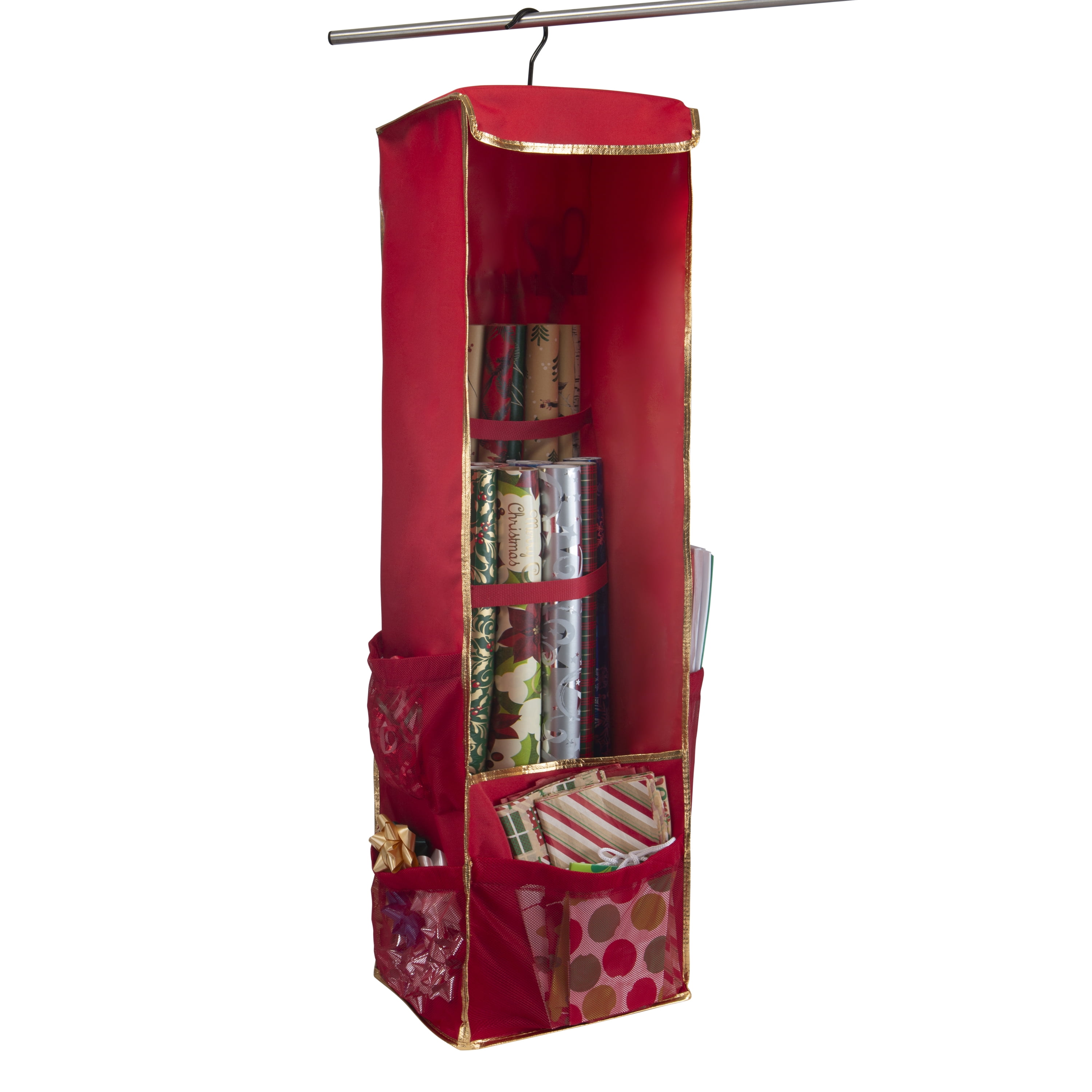 Simplify Hanging Christmas Holiday Gift Wrap Organizer in Red Polyester