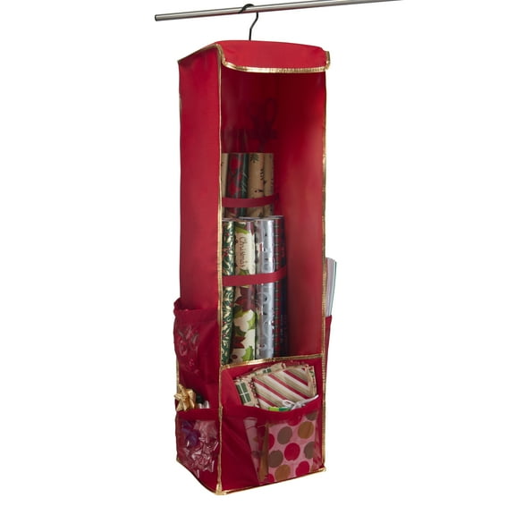 Simplify Hanging Christmas Holiday Gift Wrap Organizer in Red Polyester (11"x 9.9"x 40.2")