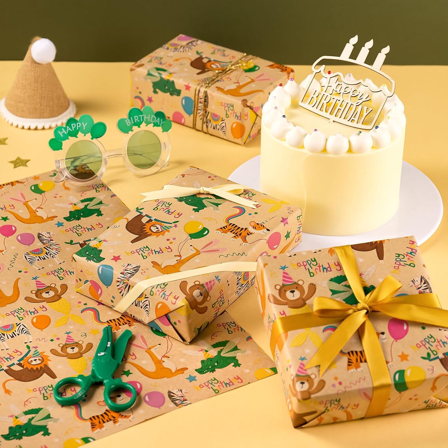 Kraft Animal Birthday Wrapping Paper Roll - Mini Roll - 17 Inch x 16.5 Feet - Animal Happy Birthday Wrapping Paper Perfect for Kids, Baby Shower