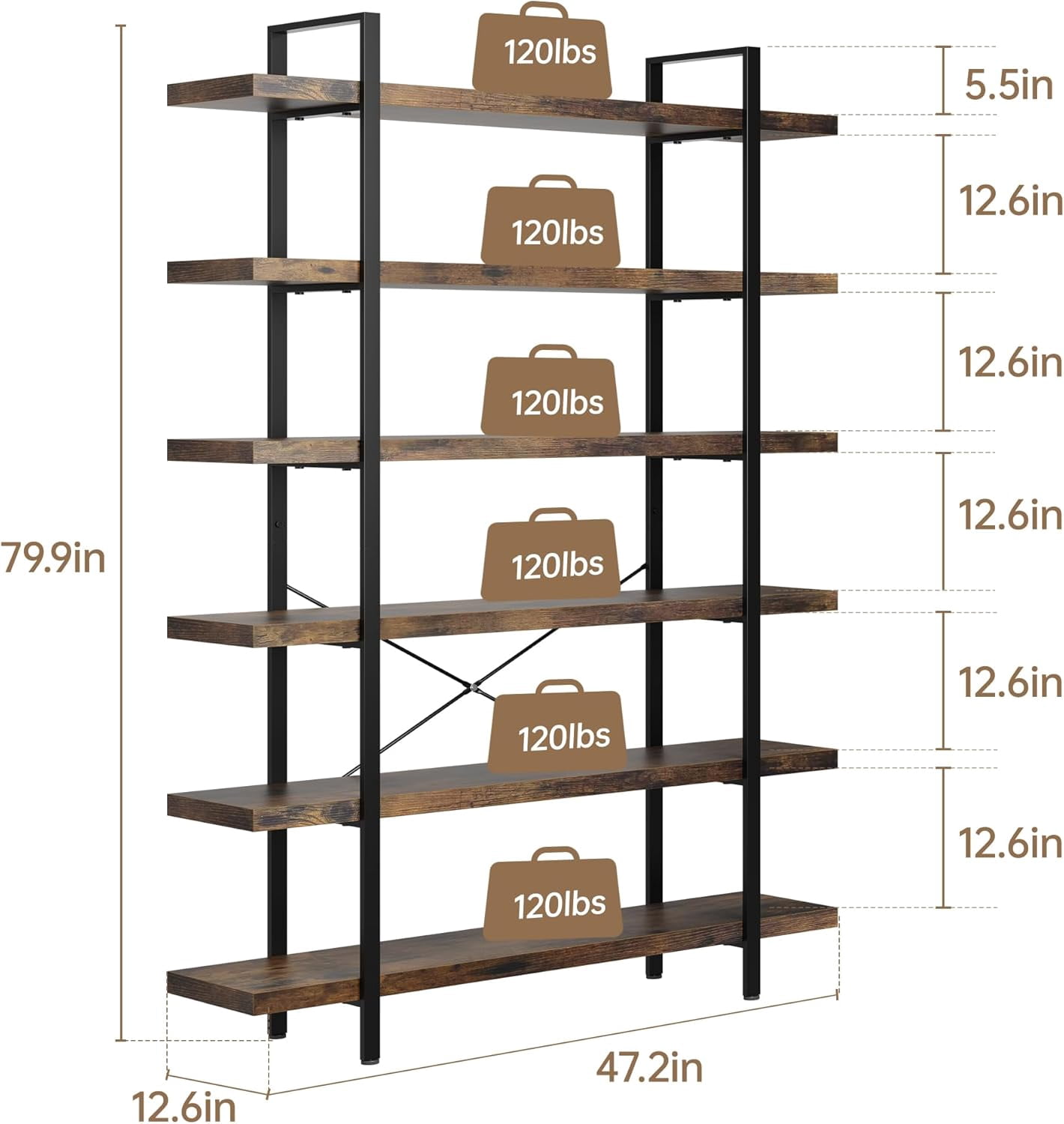 6-Tier Industrial Bookcase, 47 Inch Wide Wood Bookshelf, 120lbs Shelf Capacity, Rustic Open Shelving Heavy Duty Display with Reinforced Horizontal Brown Shelves for Living Room Bedroom Office