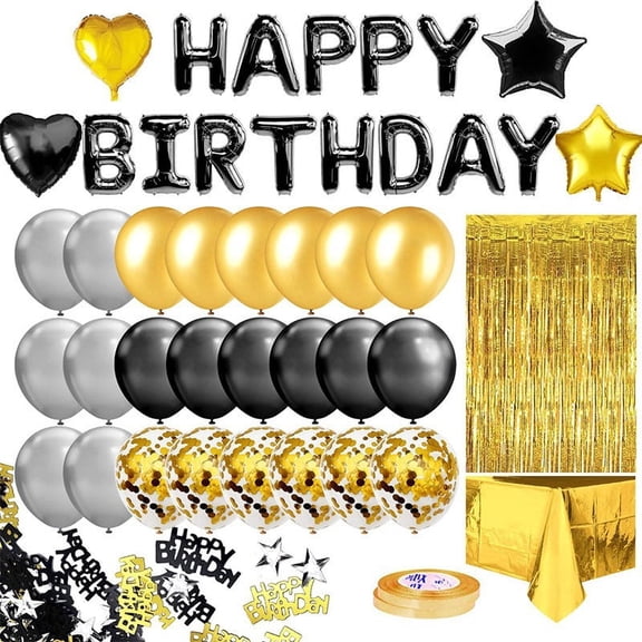 Black Gold Birthday Decorations Party Supplies Set, Balloons, Golden Fringed Curtain and 16" Happy Brthday Banner for Birthday Party