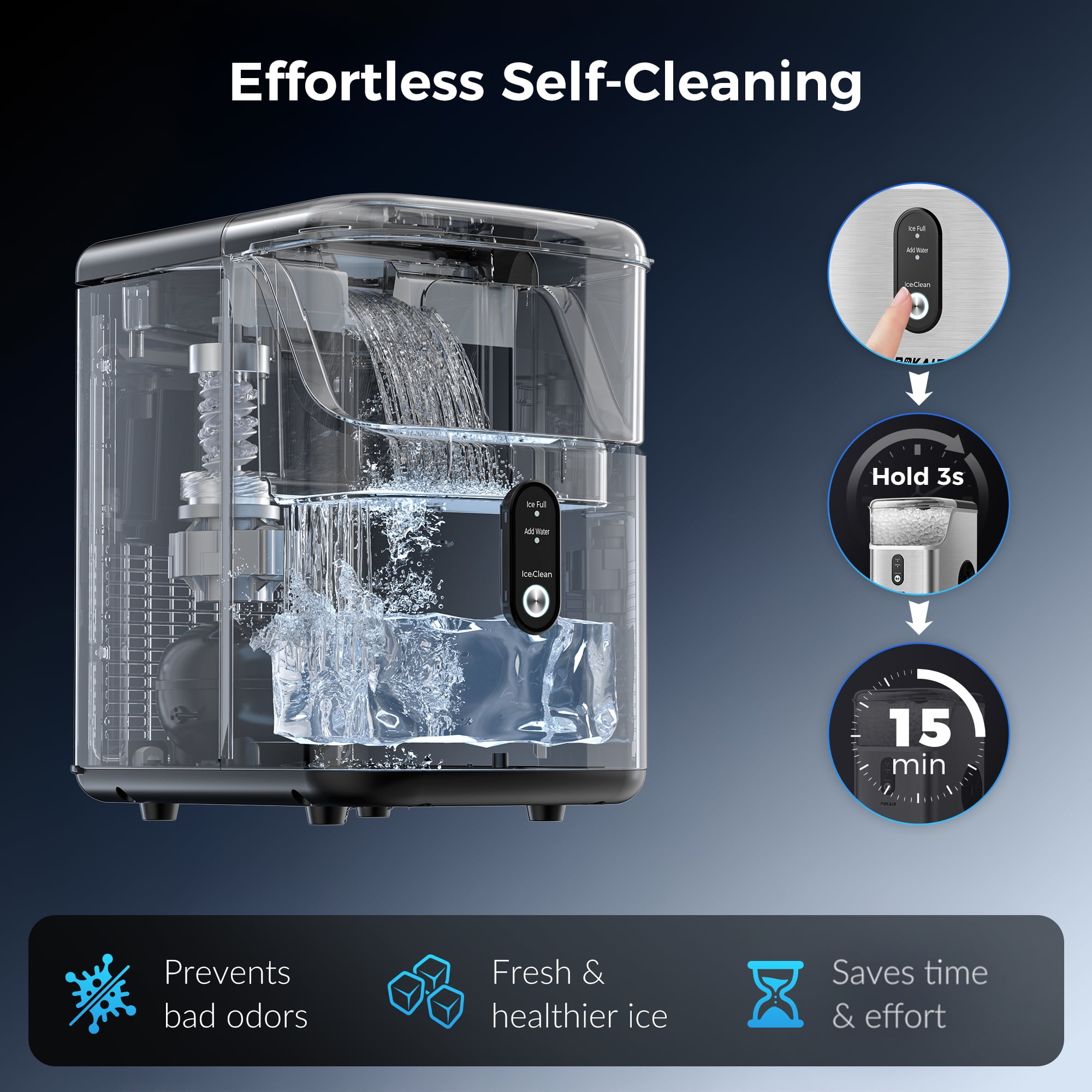 POKAIR Nugget Ice Maker Countertop, Sonic-Style Chewable Pebble Ice in 9 Min, 33 lbs/Day, Self-Cleaning, One-key Control, ETL, Brushed Stainless Steel