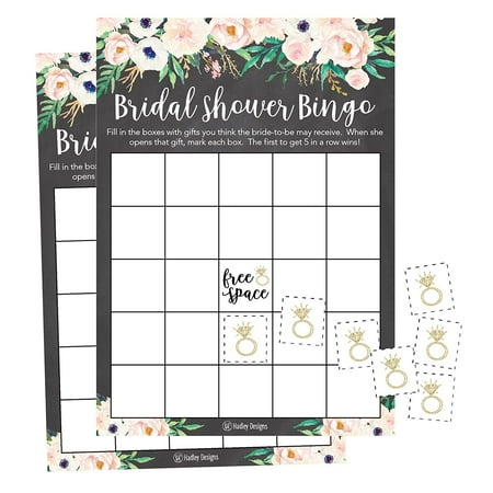 25 Rustic Vintage Pink Flower Bingo Game Cards For Bridal Wedding Shower and Bachelorette Party, Bulk Blank Squares Gift Ideas, Funny Supplies Bride and Couple PLUS 25 Wedding Ring Bingo Chip