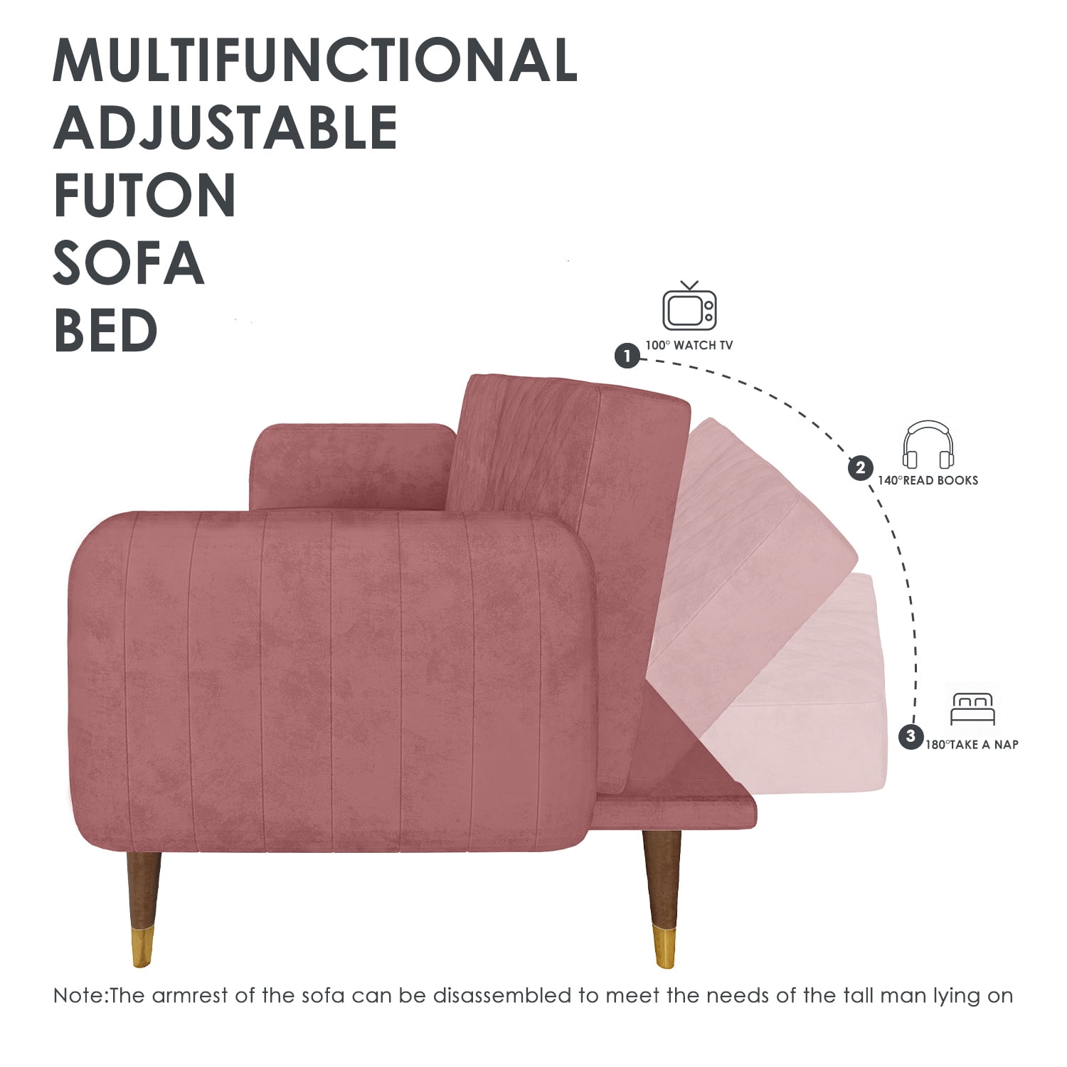 Resenkos Convertible 2-Seat Velvet Sofa Bed with Adjustable Backrest and Solid Wood Legs,Pink Resenkos Convertible 2-Seat Velvet Sofa Bed with Adjustable Backrest and Solid Wood Legs,Pink