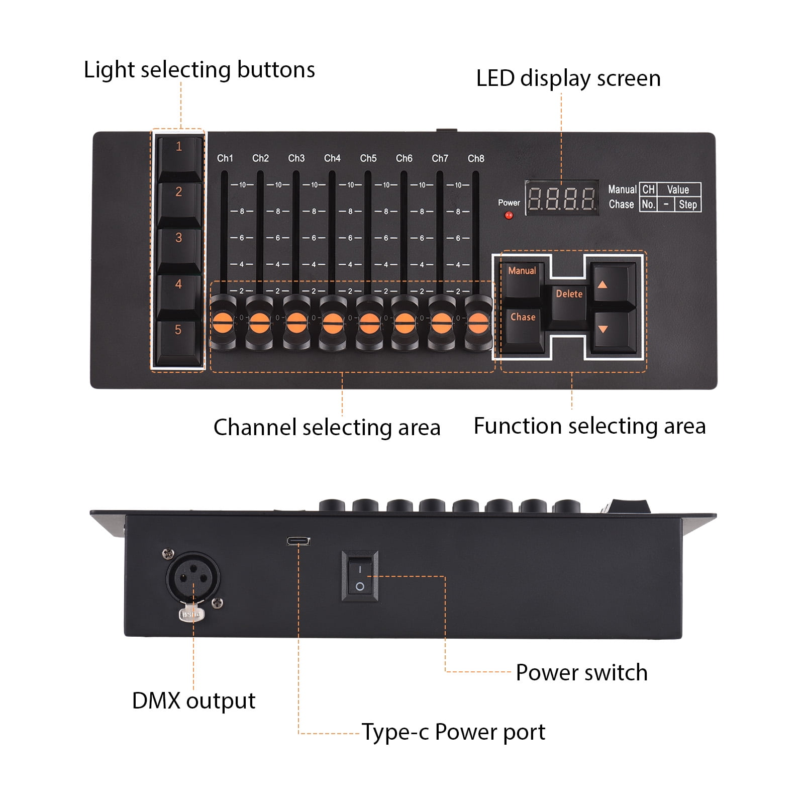 DMX Controller DMX 512 40 Channel Stage DJ Light Controller for DJ Lights Party Light Shows Disco Pub Light Controller Console Panel with Power-off Memory Type-C Rechargeable DMX Light Controller