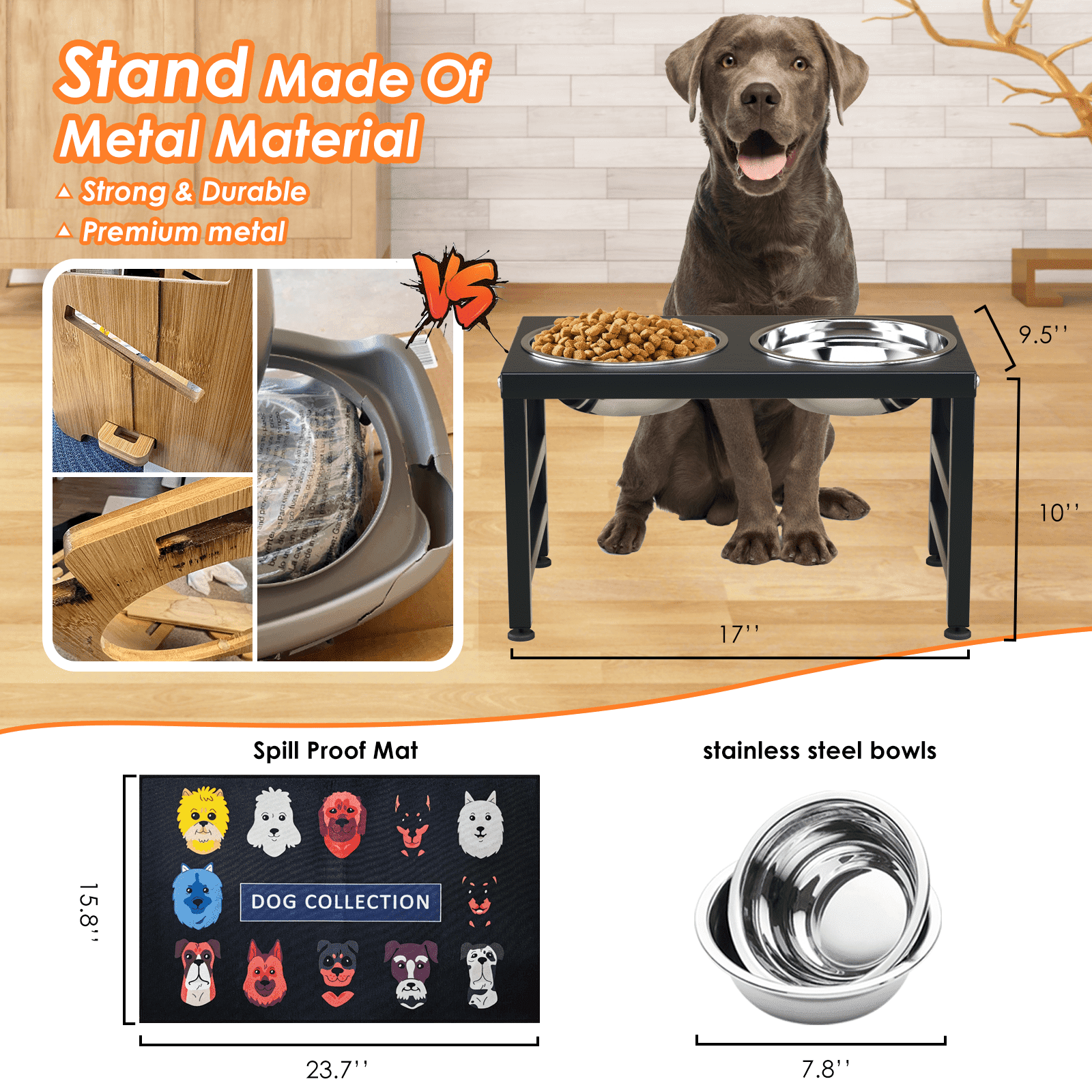 SHAINFUN Metal Raised Dog Bowl Stand for Dogs, Elevated Dog Bowls with Sprill Proof Mat, Dog Food & Water Bowls 10" Tall Dog Feeder