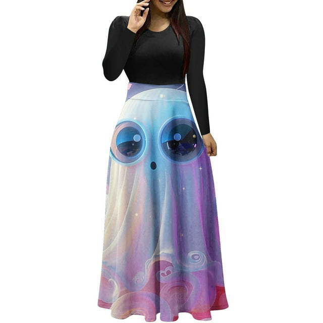 Dress for Women Casual,3/4 Sleeve Dress,Womens Fashion Printed Long Sleeve Round-Neck Pullover Patchwork Dress