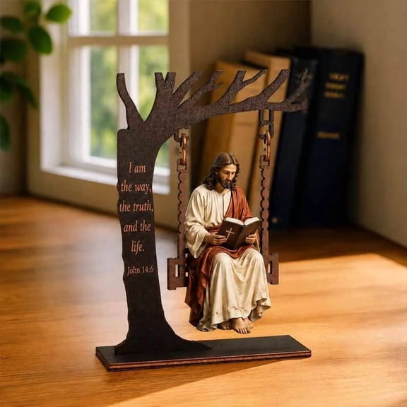 HaiSphere Wood Swing Jesus Statue - Religious Tabletop Figurine with Tree Stand and Inspirational Verse, Desk Accent Sculpture for Office Shelf Home,Multicolor