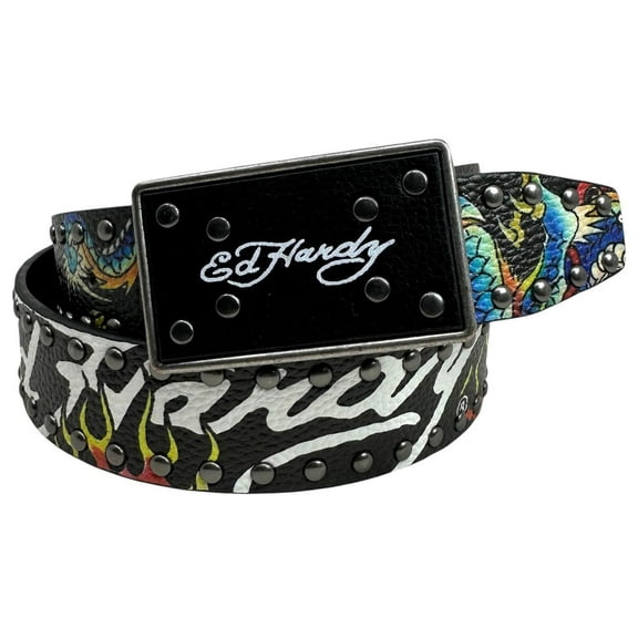 Ed Hardy Men's Dragon Tattoo Rivet Studs Black Belt With Plaque Buckle (34, Black)