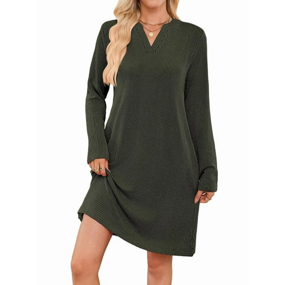 Women'S Autumn and Winter Loose V-Neck Pocket Casual Long Sleeve Home Clothes Dress with Pockets