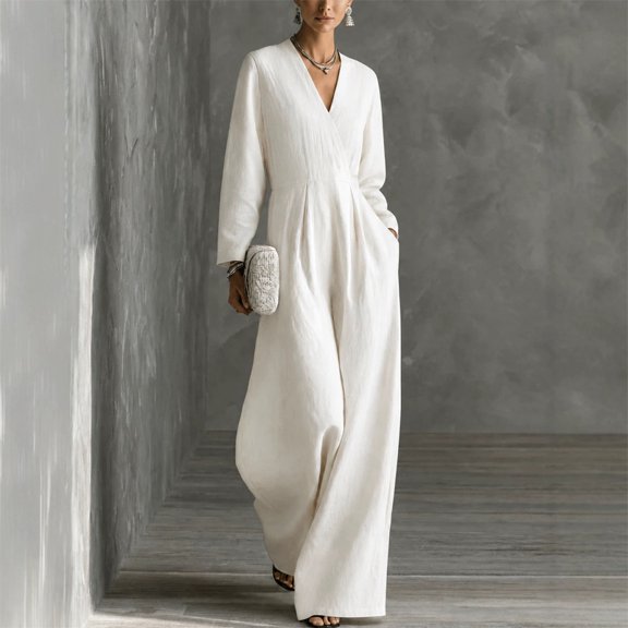 Morttic Women's Elegant Solid Color Long Sleeve V-Neck Wide Leg Jumpsuit with Pockets Casual Beach Vacation & Everyday Wear White,S