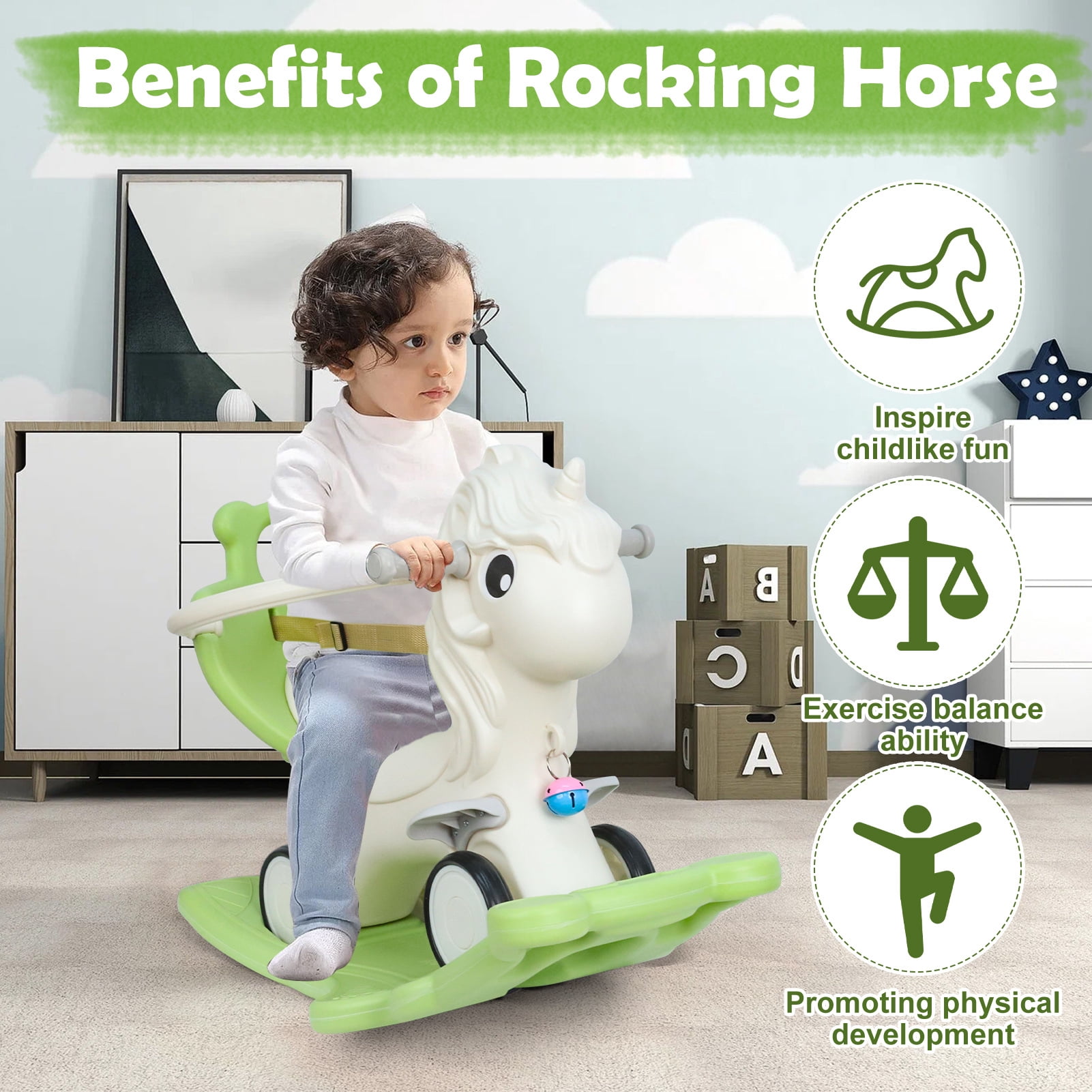 Wdmiya 4 in 1 Rocking Horse for Toddlers 1-3 Years Old, Baby Unicorn Rocking Toy Birthday Gift for Boy and Girl, Ride on Toy with Detachable Balance Board，Balance Bike with Push Handle, Green