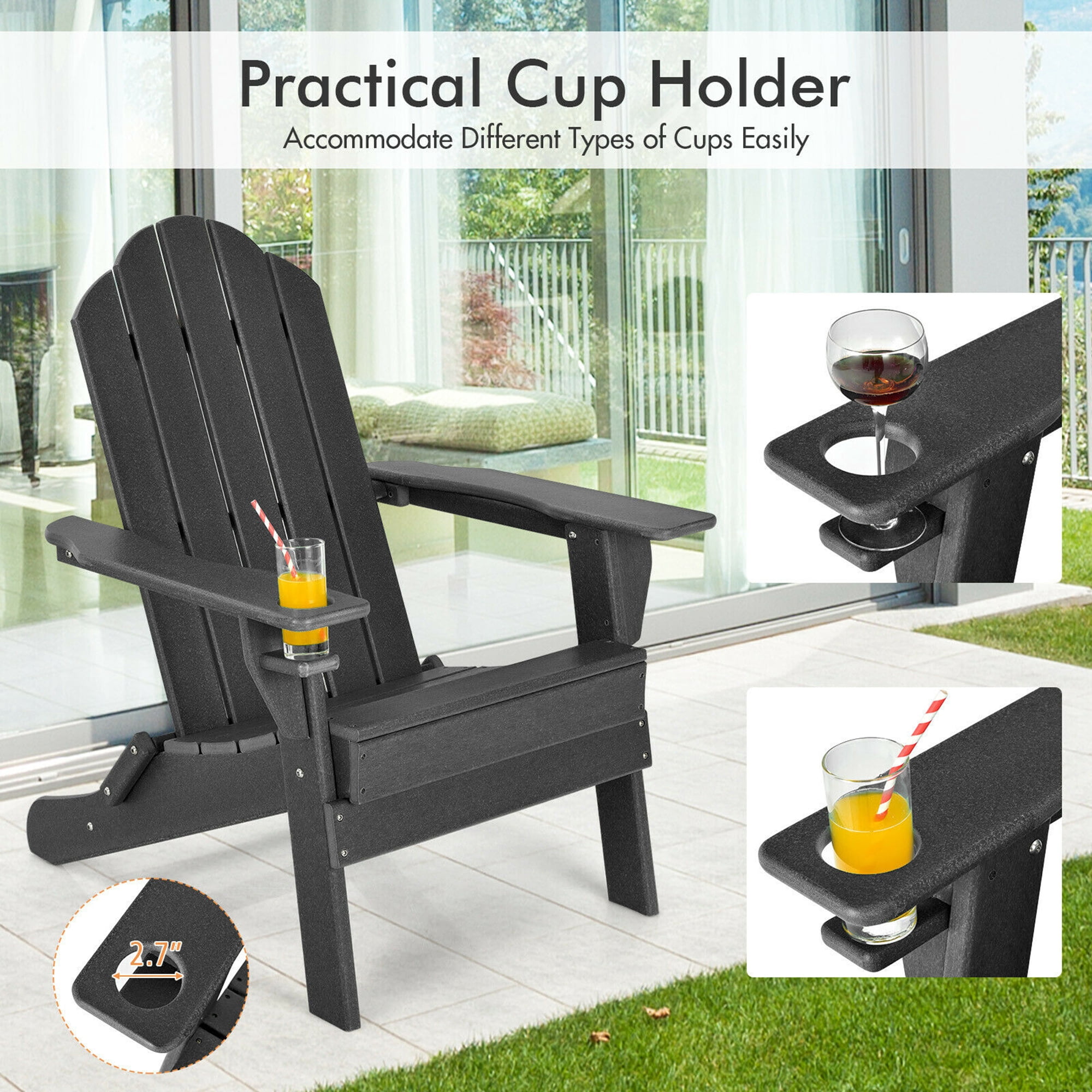 Gymax 2PCS Patio Folding Adirondack Chair Weather Resistant Cup Holder Yard Black