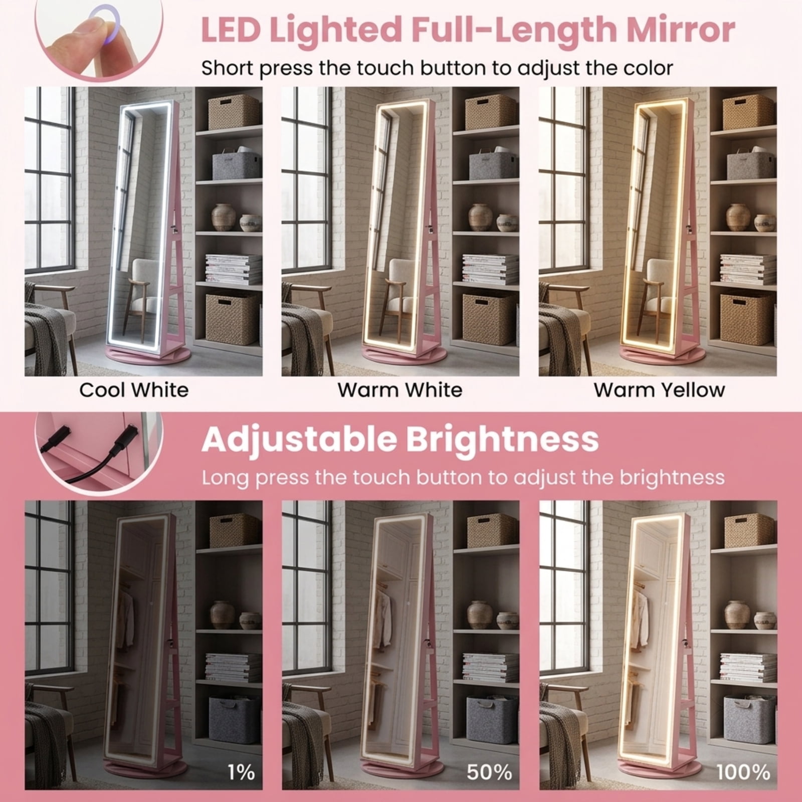 Furnibear Standing Jewelry Cabinet with Adjustable LED Lights for Bedroom Dressing Room Jewelry Necklace Rings Storage Mirror, Pink
