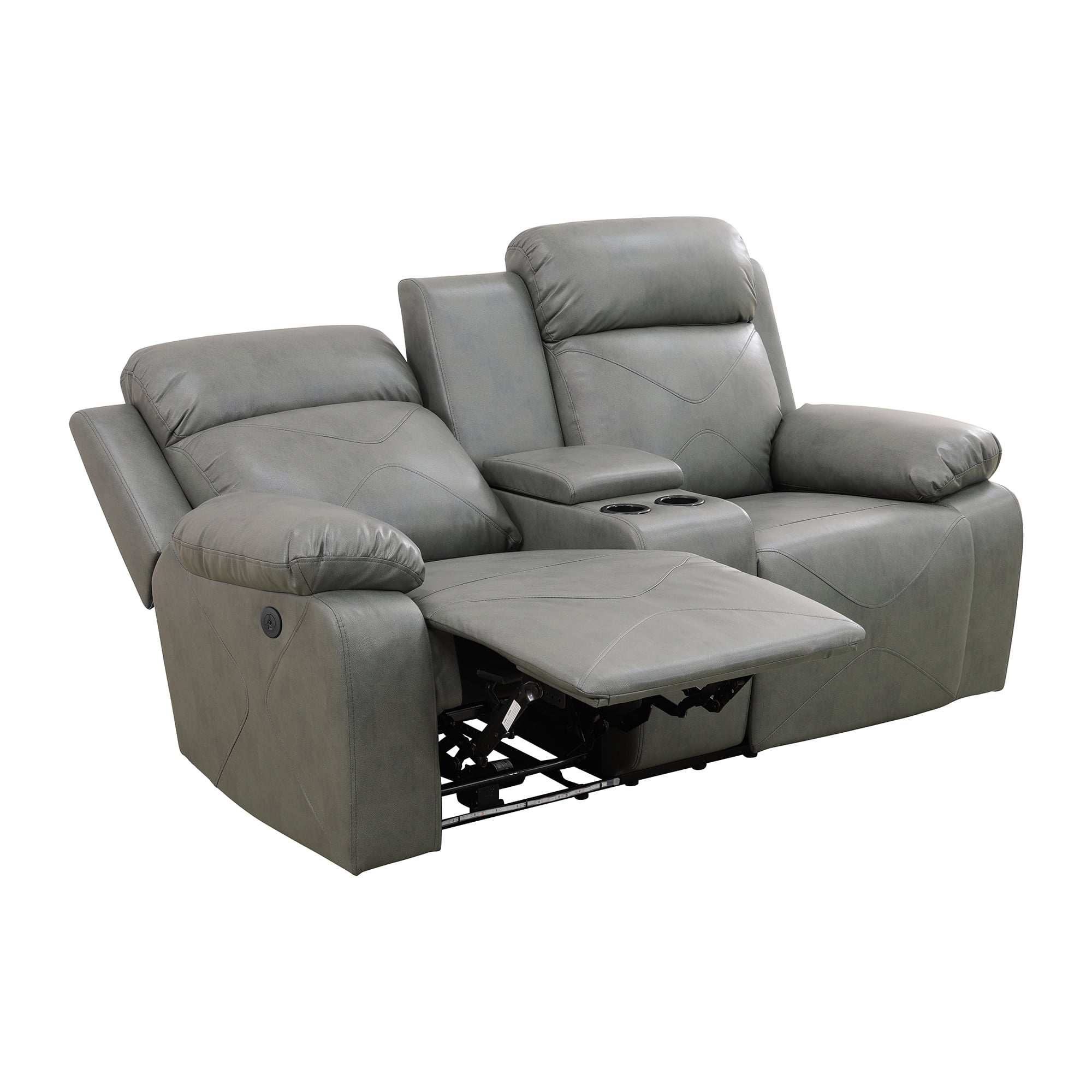 Gewnee Silver Gray Loveseat with Console & Cup Holders,Air Leather & High-Elastic Sponge, Adjustable Recline for Living Room Relaxation