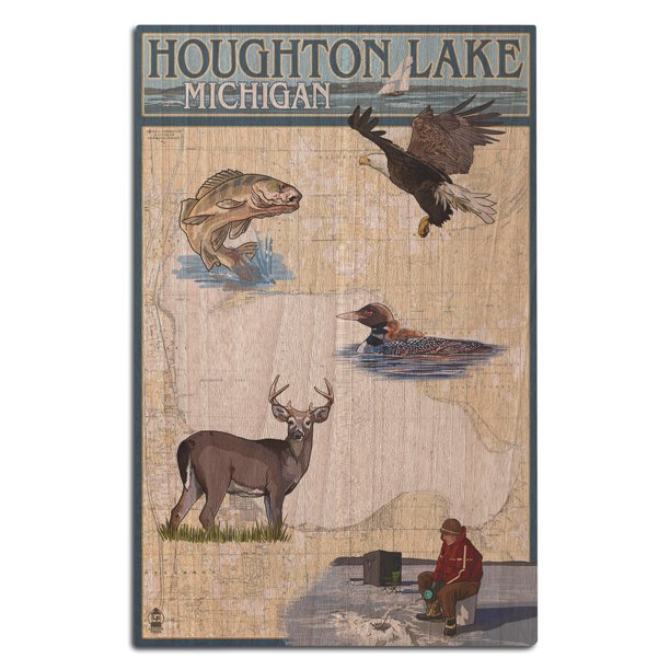 Houghton Lake, Michigan, Lake Chart Birch Wood Wall Sign (12x18 Rustic