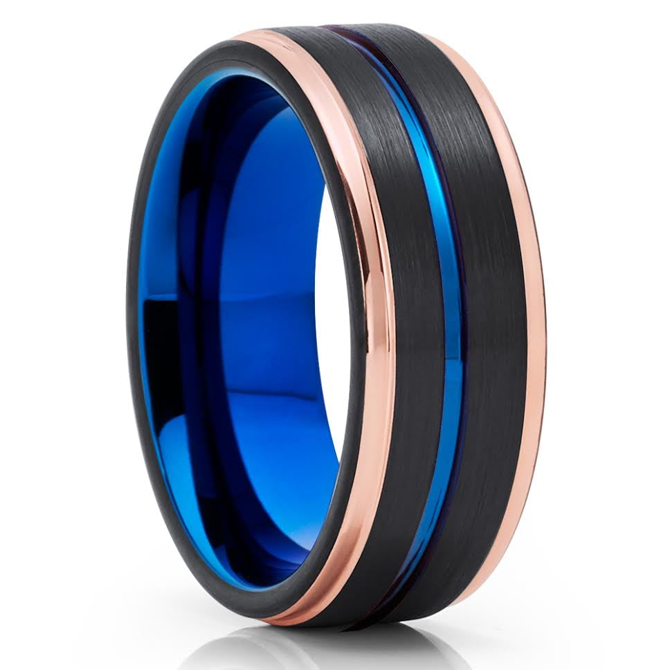 6mm Blue Tungsten Wedding Ring,Rose Gold Wedding Ring,6mm Wedding Ring