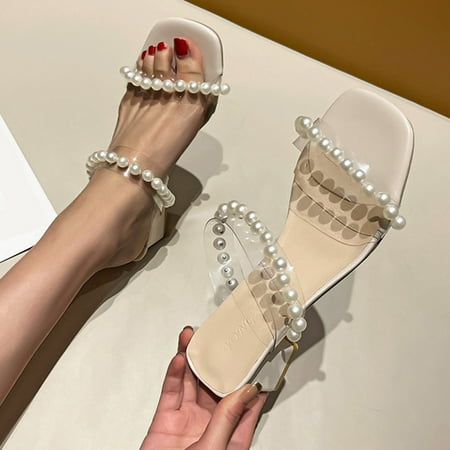 

NEGJ Ladies Shoes Fashionsquare Toe Slip-on Pearl Clear Tape High Heel Sandal