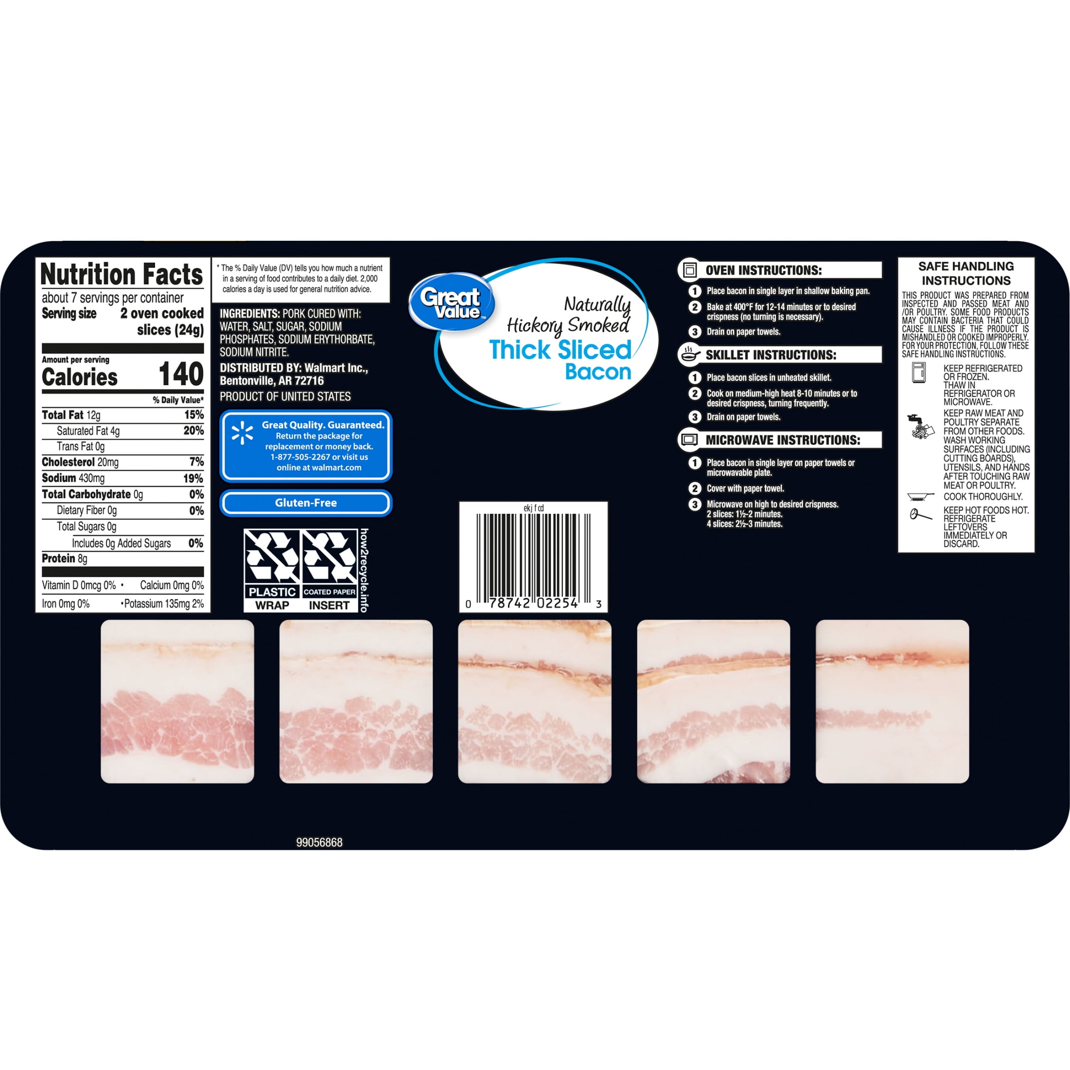 Great Value Naturally Hickory Smoked Thick Cut Sliced Bacon, 16 oz