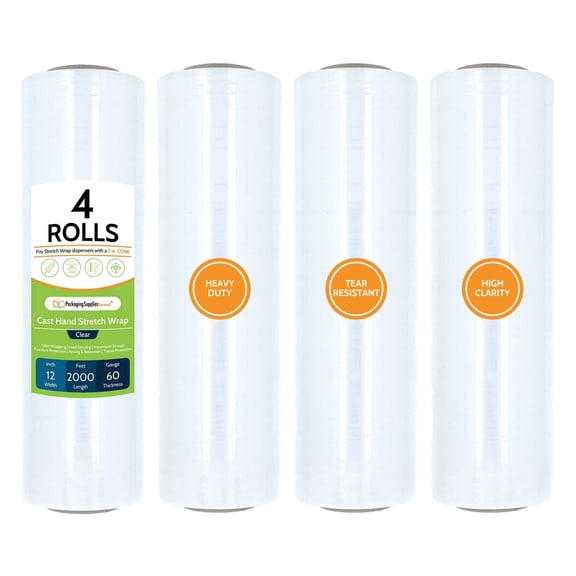 PSBM Hand Stretch Wrap 12" x 2000' 4 Rolls 60 Gauge Clear Plastic Shrink Film/Wrap, Heavy Duty Industrial Strength Up to 800% Ultimate Stretch, Plastic Wrap for Moving, Packing, Shipping & Storage