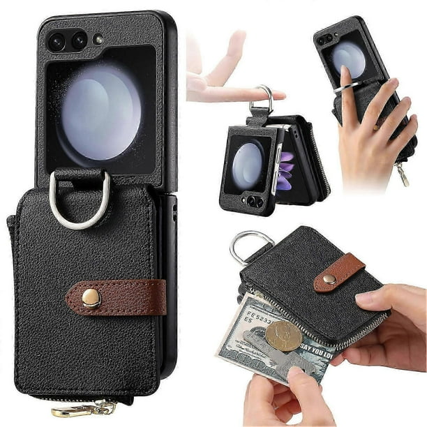 for Samsung Galaxy Z Flip 6 Case Wallet with Ring Card Holder, Leather Shockproof Bumper Protective Case for Galaxy Z Flip 6 5G 2024