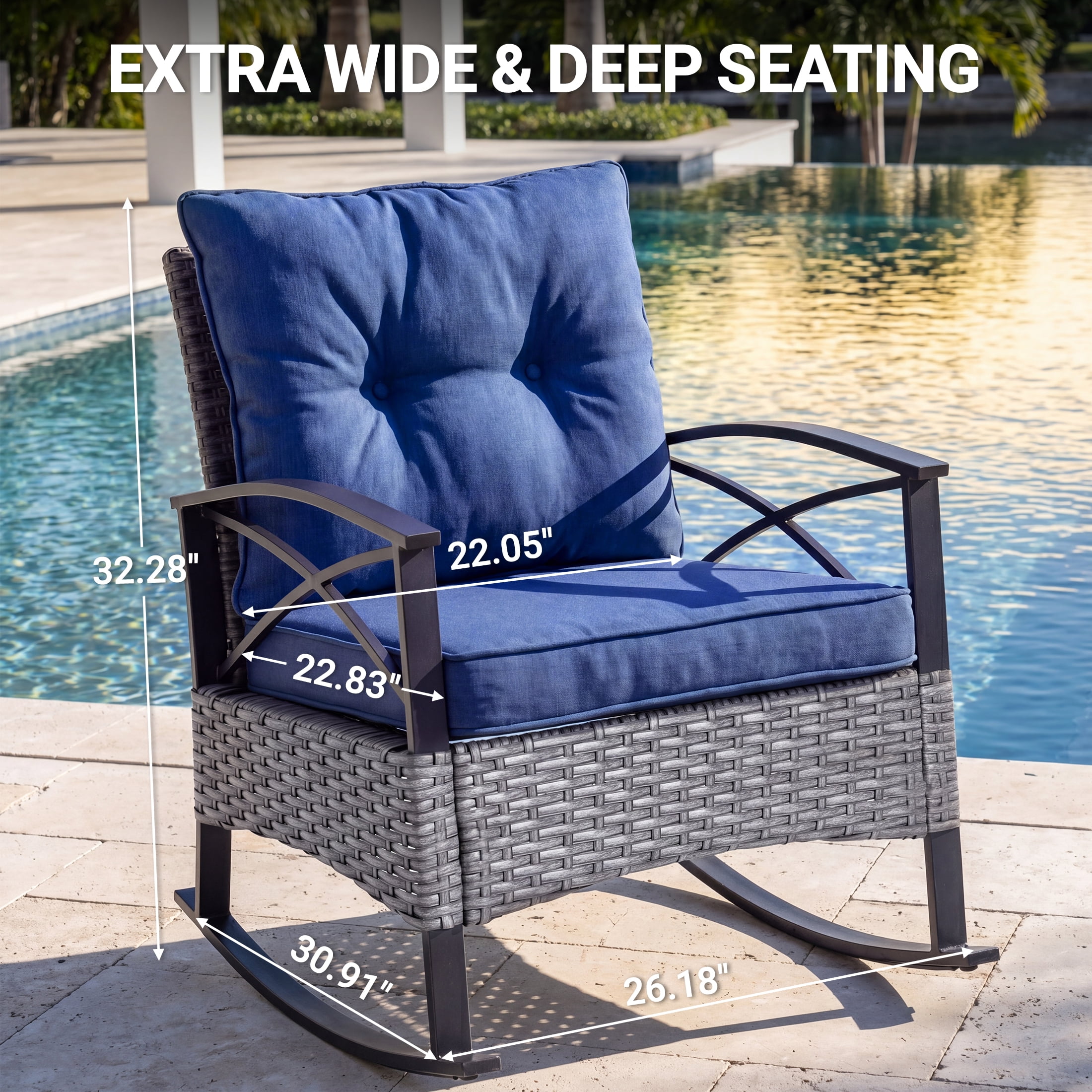 3 Pieces Patio Outdoor Conversation Set, Patio Furniture Bistro Set with 2-Tier Coffee Table, PE Wicker Rocking Chairs with Blue Cushions for for Backyard Porch Poolside